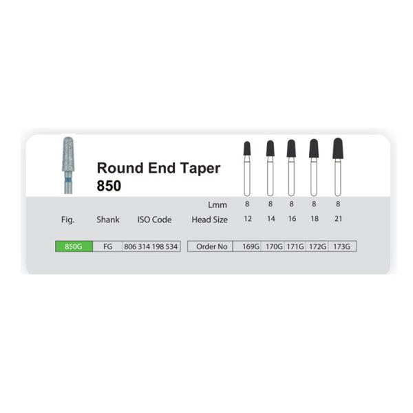 فرز الماسه مدل مخروطی ته گرد توربین 850 سانی Diamond Burs Round End Taper 850 Sani