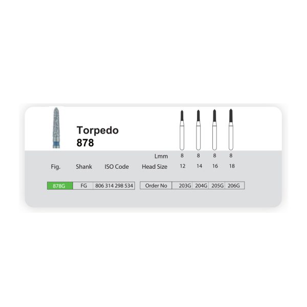 فرز الماسه مدل تورپدو توربین 878 سانی Diamond Burs Torpedo 878 Sani