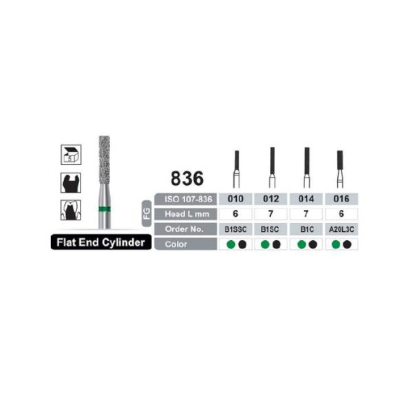 فرز توربین الماسه تراش و پالیش دور سبز دنتال ری Flat End Cylinder 836 Diamond Burs Dentalree